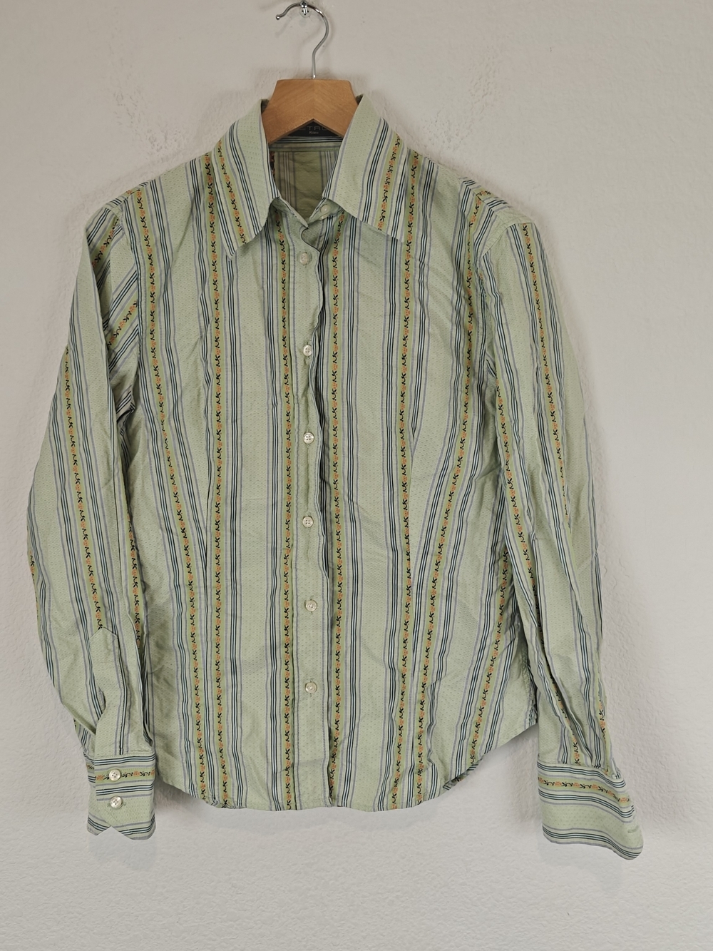 Etro Italian Designer Green Stripe Cotton Button-Up Shirt Men's 44 Quiet Luxury